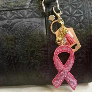 Pink Breast Cancer Ribbon Bag Charm/Keychain with Gold Accents